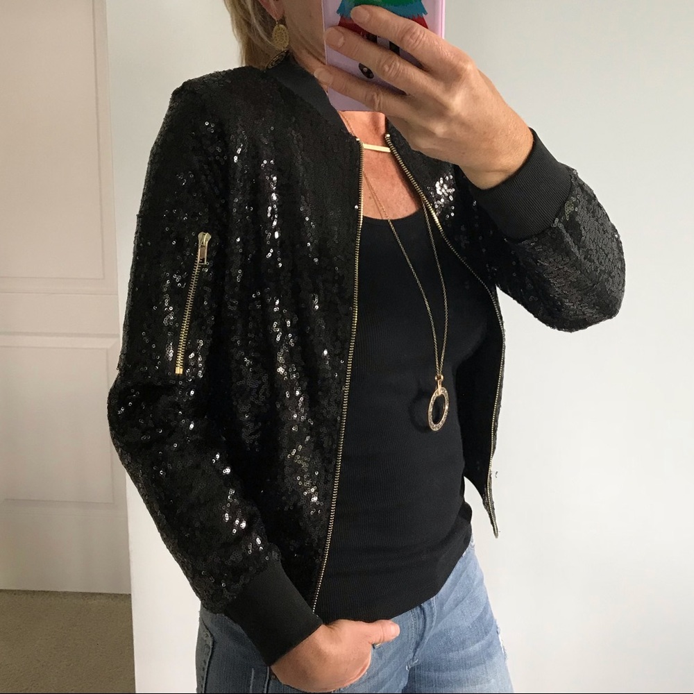 Black Sequin Bomber Syle Jacket - Picture 2 of 6